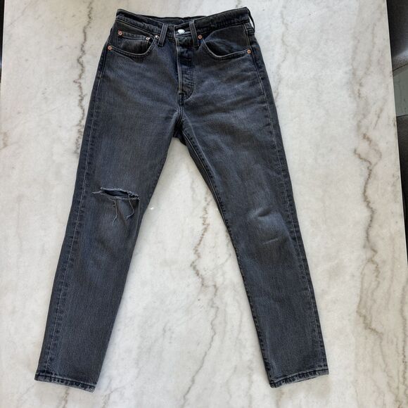 Levis 501 S Jeans Womens 26 Black Skinny Premium Denim Button Fly Distressed - Picture 1 of 8